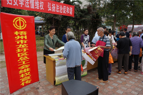 龍圩區(qū)總工會(huì)在2015年3月開展迎&ldquo;三八&rdquo;婦女維權(quán)月普法活動(dòng)，以&ldquo;婦女法治懂維權(quán)，頌揚(yáng)法治促和諧&rdquo;為指導(dǎo)思想，開展了以&ldquo;