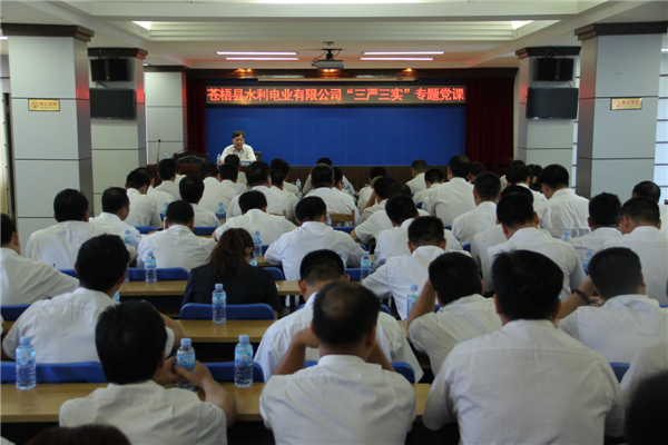6月5日，蒼梧縣水利電業(yè)有限公司開展 &ldquo;三嚴(yán)三實(shí)&rdquo;專題教育黨課暨黨風(fēng)廉政教育培訓(xùn)，黨課邀請(qǐng)蒼梧縣人民檢察副檢察長(zhǎng)莫孔文為